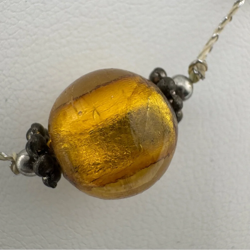 Colorful Beaded Foil Glass Necklace with Silver Details 10 inches Dainty